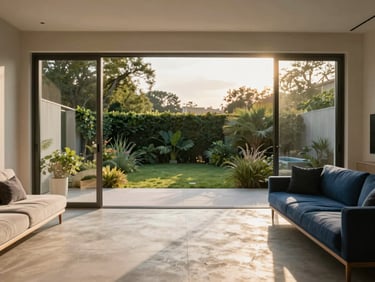 Wide panoramic editorial shot of a modern living room opening to a lush courtyard garden, soft golden-hour window light casting long shadows on concrete floors, 35mm lens