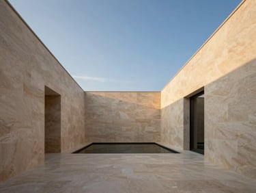 Architectural photograph of a luxury villa courtyard, clean lines, natural travertine stone walls, minimalist water feature reflecting the golden hour sky