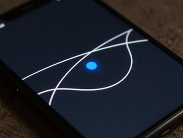 Macro shot of a smartphone screen displaying a minimal vector orbit game, sharp white lines on deep charcoal, electric-blue accent dot.
