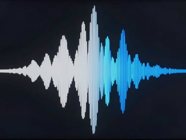 High-contrast screenshot of a minimalist sound-wave matching game, fluid white and electric-blue sine waves overlapping.