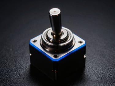 Macro studio photograph of a physical mechanical toggle switch, high-contrast low-key lighting with a sharp electric-blue rim light, deep shadows.
