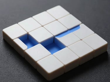 High-contrast screenshot of a minimalist block-sliding puzzle game, sharp geometric shapes with subtle electric-blue drop shadows.