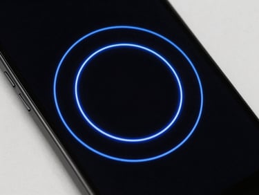 High-contrast screenshot of a minimalist orbit game on a mobile screen, electric blue circular paths on deep black, sharp vector lines.