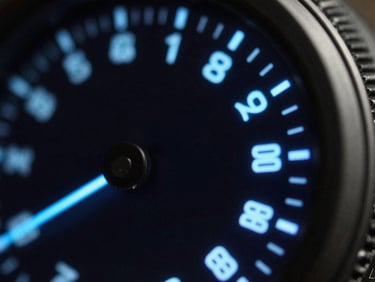 Extreme close-up of a mobile screen showing a high-contrast monospaced timer dial with electric-blue indicators, dark background.