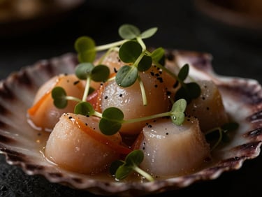 Extreme close-up of a delicate scallop ceviche with microgreens, dramatic side-lighting, dark background, rich warm tones, shallow depth of field.