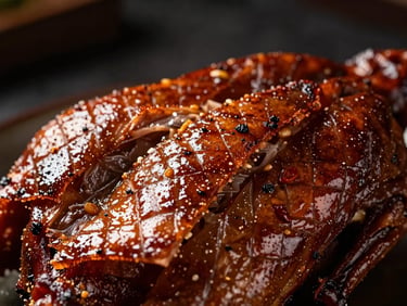 Extreme close-up shot of crispy five-spice duck skin, rich dark tones, dramatic side-lighting, shallow depth of field.