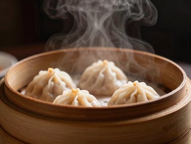 Close-up of steam rising from a bamboo dim sum basket, soft warm light, dark background, shallow depth of field.