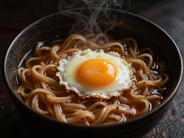 Overhead shot of a steaming bowl of ramen with a perfectly cooked egg, dramatic side-lighting, dark background, rich warm tones, macro lens.