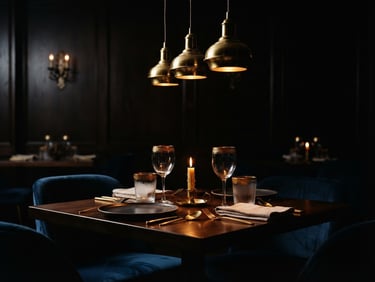 Moody shot of an empty, elegant dining room under low hanging pendant lights, warm brass accents, dramatic side-lighting, deep dark backgrounds, rich warm tones, shallow depth of field