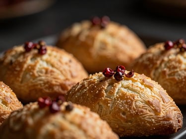 Macro shot of a delicate French pastry with a hint of red Sichuan peppercorns, shallow depth of field, moody lighting.