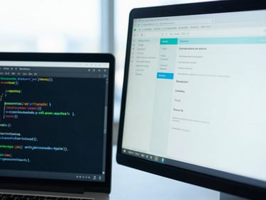 Close-up of clean code on a dark monitor next to a bright tablet displaying a CRM dashboard, bright natural office daylight, shallow depth of field, cool blue tones.