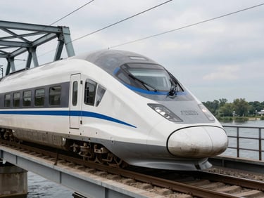Close-up of a high-speed regional train crossing the Oder river bridge between Germany and Poland, industrial steel structure, overcast natural daylight.