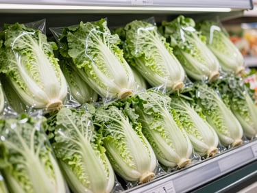 A clean modern supermarket display of packaged green leafy vegetables with roots intact, bright clinical light