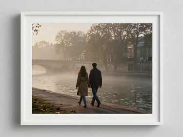 Cinematic wide shot of a couple walking through morning mist near the Seine, framed with an elegant white border like a gallery print, warm vintage tones.