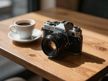 A vintage camera resting on a wooden cafe table next to an espresso cup, warm morning light casting long shadows across the table, cinematic feel.