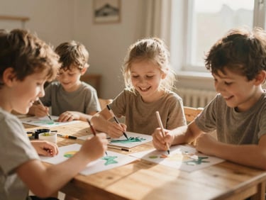 Candid shot of children laughing while painting at a wooden table, soft golden hour sunlight, warm earthy tones