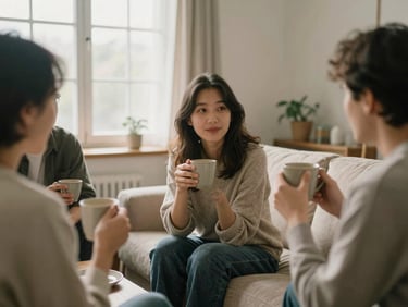 Warm interior scene of people talking in a cozy living room, holding ceramic mugs, soft natural window light