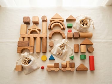 Bright overhead flatlay of beautifully arranged wooden toy blocks and linen pouches on a clean cream surface, soft natural daylight, shallow depth of field
