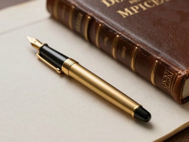 A close-up of physical legal artifacts, a gold fountain pen resting on heavy cotton paper next to a leather-bound Dutch civil code, soft side light.