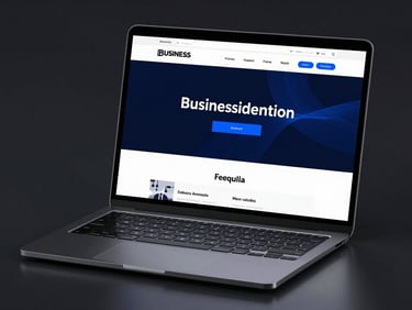 A high-fidelity mockup of a modern business website displayed on a sleek, dark-brushed metal laptop, crisp studio lighting, electric blue accents glowing on screen, clean dark background