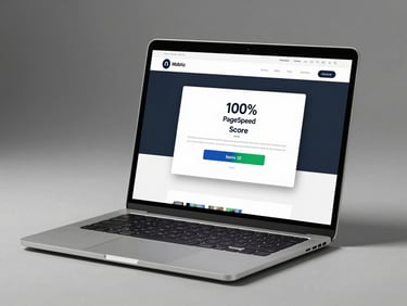 Minimalist studio shot of a modern laptop displaying a crisp, high-contrast website mockup with an overlay showing a 100% PageSpeed score badge, sharp lighting