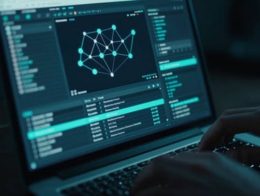 Close-up macro shot of a modern laptop screen displaying complex node-based automation graphs, moody neon teal backlighting, sharp focus, 35mm