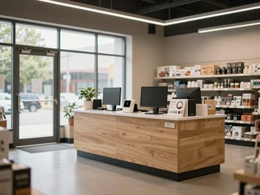 Environmental wide shot of a mid-size retail store floor showing a kiosk unit near the entrance, daylight from storefront windows, product shelving visible in the background, no customers in foreground