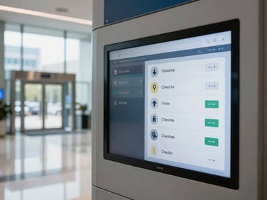 Close-up detail of a kiosk screen interface in a corporate enterprise lobby, clean UI with wayfinding and visitor check-in options, daylight from glass entryway in background, polished floor reflection below unit