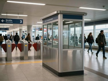 Wide shot of a transit concourse with a freestanding kiosk unit positioned near a fare gate, commuters passing in background, overhead fluorescent and daylight blend, clean directional signage visible