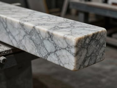 Macro detail shot of a perfectly polished marble edge, showing continuous vein matching, dramatic side-lighting, high contrast, industrial workshop environment.