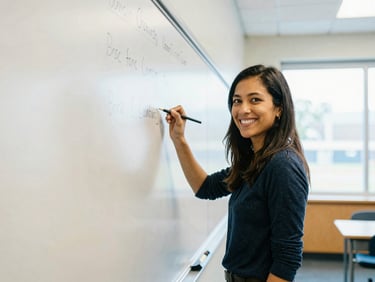 Approachable environmental portrait of an educator writing on a dry-erase board in a bright Washington County classroom, natural overcast daylight, soft focus