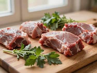 Close-up of clean, raw whole-food ingredients for dogs, fresh meat and organic herbs on a wooden board, soft natural window light, warm tones