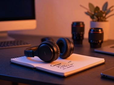 Warm editorial photography of a modern creative studio in Brussels, headphones resting on a notebook with handwritten career goals, soft orange ambient lighting, 35mm lens
