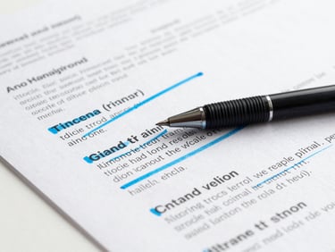 Close-up of printed copy drafts on a minimalist desk, marked up with a sharp black pen and highlighted with electric blue ink under crisp studio lighting.