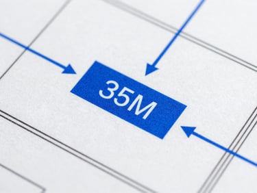 Macro close-up of a high-contrast digital wireframe layout, sharp black lines on light gray, annotated with electric blue markup arrows pointing to call-to-action blocks.
