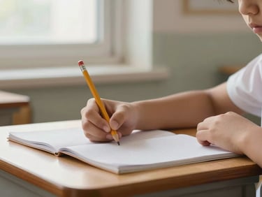 Close-up of a child's hands on a wooden school desk, natural window light from the side, a pencil and open notebook visible, no face shown, quiet mid-morning classroom atmosphere
