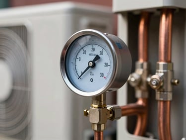 Close-up of a digital manifold gauge showing precise pressure readings, attached to copper refrigerant lines inside an outdoor AC unit.
