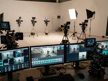 Wide environmental shot of a film production floor, multiple monitors displaying color-graded footage frames, camera rigs and lighting stands arranged in geometric order, desaturated tones with ambient tungsten glow, slight film grain, no people visible