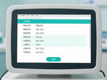 High-fidelity clinical software screenshot showing patient admission workflow, bright sterile lighting, soft teal accents, 35mm