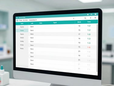 High-fidelity software screenshot showing medical inventory tracking and pharmacy stock levels, bright clinical lighting, 35mm