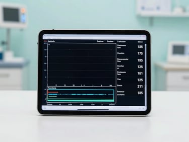 Straight-on view of a medical tablet displaying real-time patient charts in a bright, modern clinical setting, 35mm