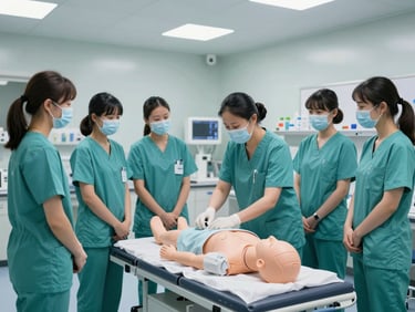 Wide shot of a modern clinical simulation lab, nursing students in clean teal scrubs observing an instructor demonstrating patient care on a high-fidelity mannequin.
