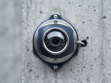 Macro shot of a neatly installed security camera on a concrete wall, clean lines, cool daylight, metallic textures, professional installation