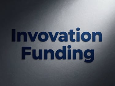 Abstract graphic representing innovation funding, clean, high-contrast, deep blue and steel grey tones.