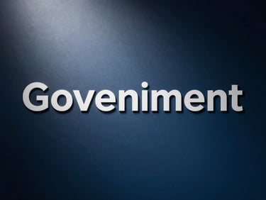 Abstract graphic representing government recognition, clean, high-contrast, deep blue and steel grey tones.