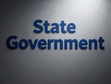 Abstract graphic representing state government support, clean, high-contrast, deep blue and steel grey tones.