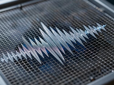 Macro photography of sound waves vibrating through a steel mesh, high-contrast technical schematic style, cool steel-grey lighting, sharp focus