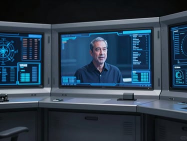 A dark, high-security command center with tactical screens, side-lit with cool blue tones, showing a professional in the background speaking softly, sharp focus