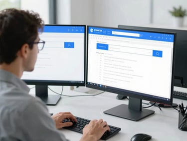 Over the shoulder shot of a strategist analyzing search query data on a dual-monitor setup, cool blue accents