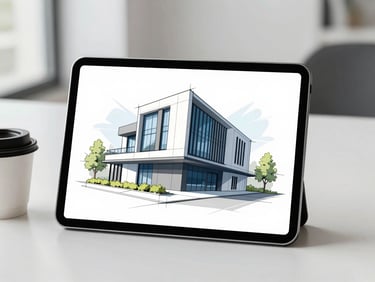 Clean modern architectural sketch on a tablet screen next to a coffee cup, bright daylight, minimal setup